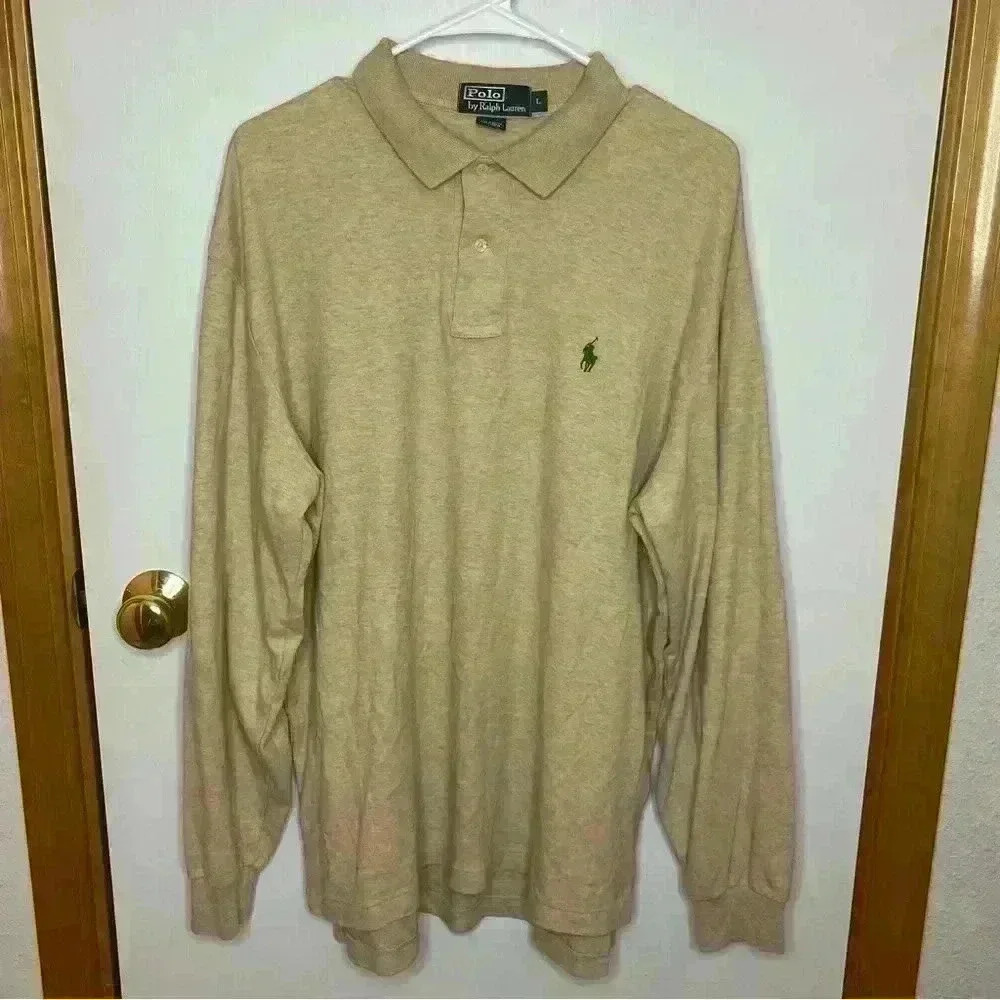 Polo Ralph Lauren Long Sleeve Polo Shirt Men Large Tan 1/4 Button‎ Pullover